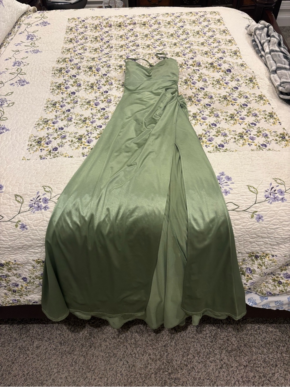 B Darlin Sage Green Satin Prom Dress with V-Neck and Side Draping